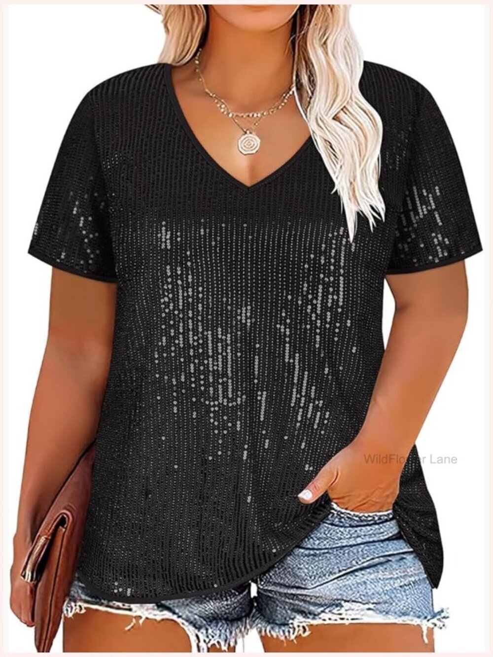 Plus Size Sequin V-Neck Tunic Top Short Sleeve Party Sparkly Shirt